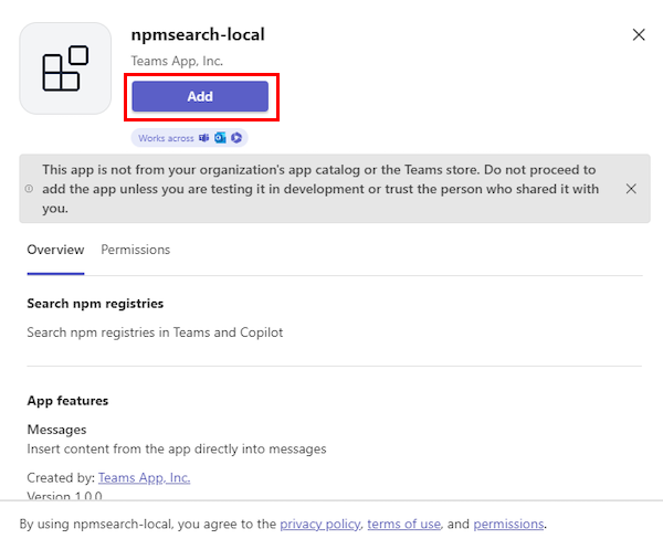 Contoso Pluginlocal アプリを Teams に追加する [追加] オプションの例を示すスクリーンショット。