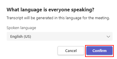 Teams 会議で音声言語と確認ボタンを選択するドロップダウンを示すスクリーンショット。