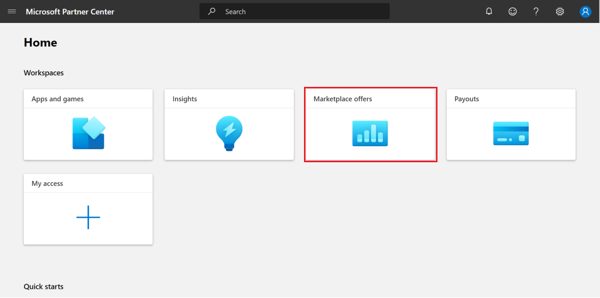スクリーンショットは、パートナー センターのホーム ページと Marketplace オファー タブを示しています。