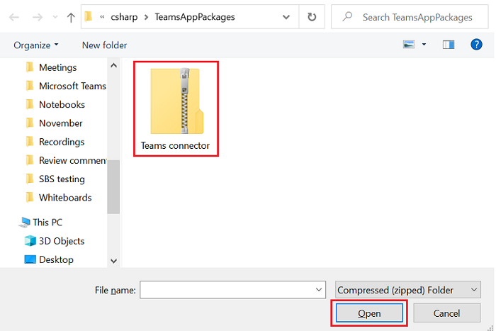 Teams コネクタの zip ファイルが赤で強調表示されている TeamsAppPackages フォルダーのスクリーンショット。