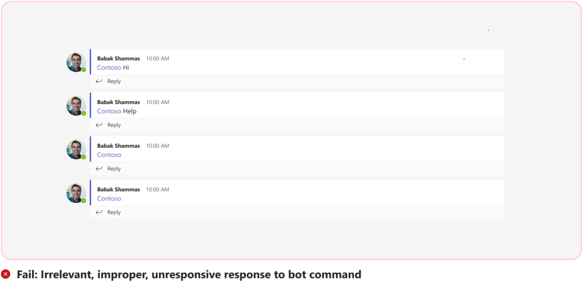 図は、不適切なボット コマンドに対する無効な応答の例を示しています。
