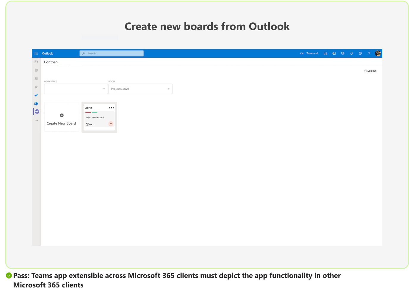 MS 365 クライアントでの Teams アプリ機能の成功したシナリオを示すスクリーンショット。