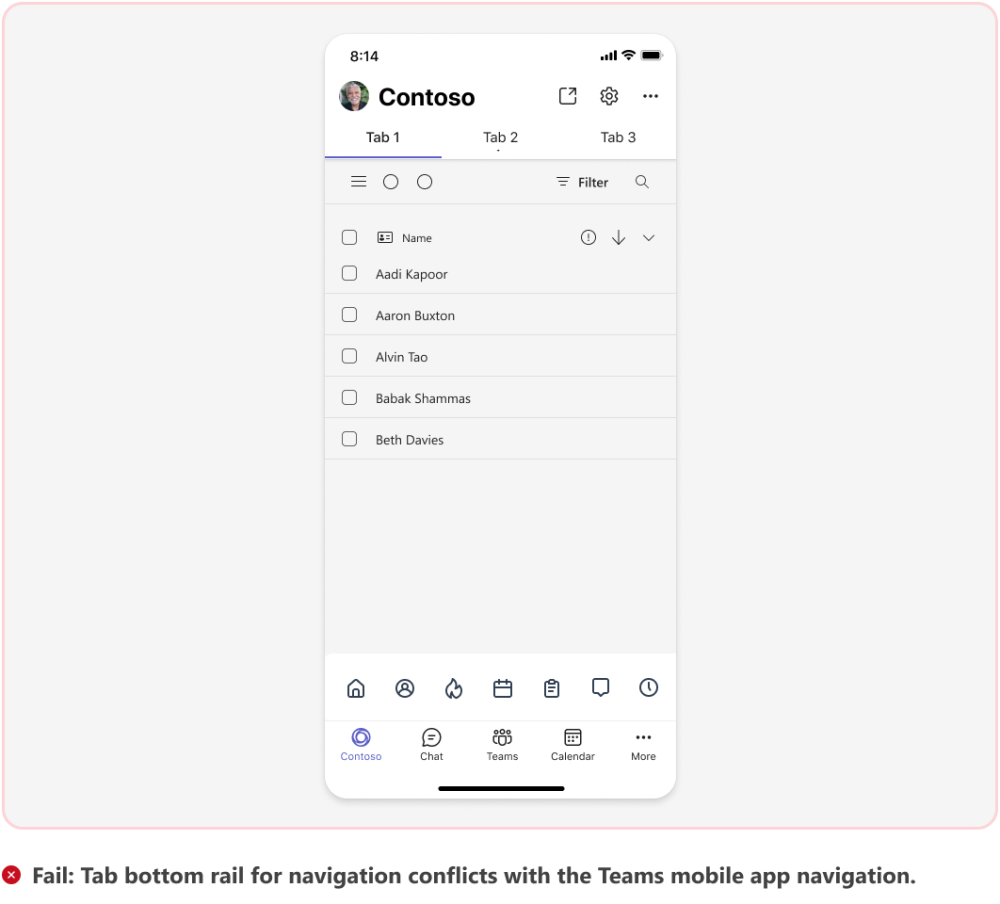 図は、Teams ネイティブ モバイル アプリ ナビゲーションと競合するタブの例を示しています。