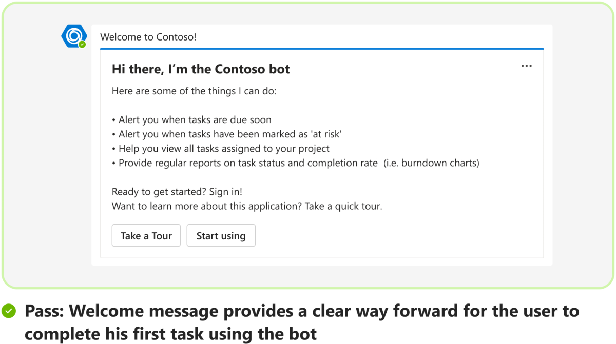 図は、ユーザーがタスクを完了するための明確な方法を持つボットのウェルカム メッセージの例を示しています。