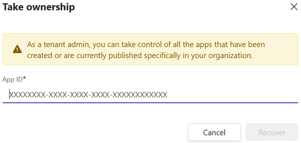 Teams 開発者ポータルでアプリの所有権を取得するテナント管理者の例を示すスクリーンショット。