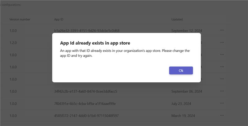 Teams 開発者ポータルで既存のアプリをインポートするときのエラー メッセージの例を示すスクリーンショット。