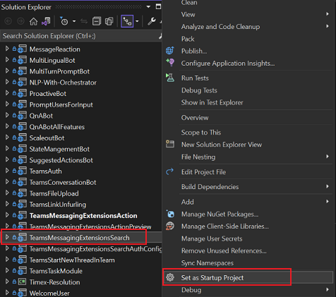 [スタートアップ プロジェクトとして設定] と [TeamsMessagingExtensionsSearch] が赤で強調表示されているソリューション エクスプローラーのスクリーンショット。