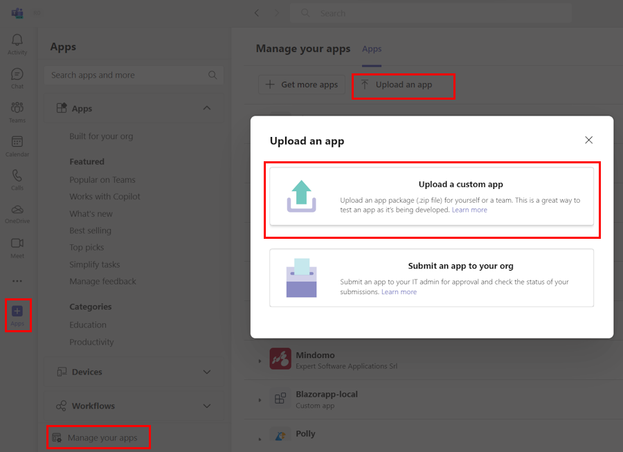 Teams でカスタム アプリをアップロードするオプションを示すスクリーンショット。