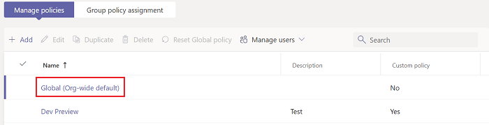 グローバル (組織全体の既定値) オプションが強調表示されている [ポリシーの管理] タブを示すスクリーンショット。