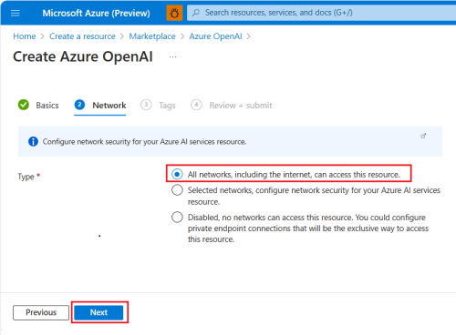 Azure Open AI ネットワークの詳細を示すスクリーンショット。