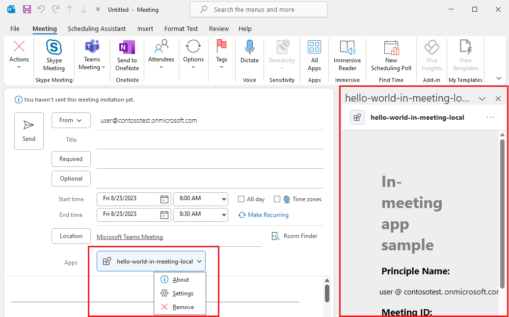 Outlook 会議スケジューラのサイド パネルで実行されている会議アプリ