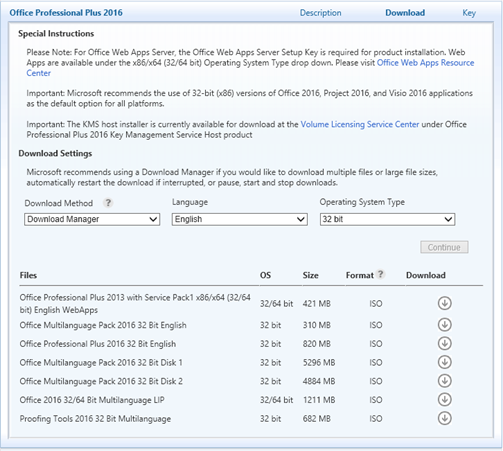 Office Professional Plus 2016 ダウンロード ページのスクリーンショット。さまざまな Office インストール ファイルの特別な手順とダウンロード設定が示されています。