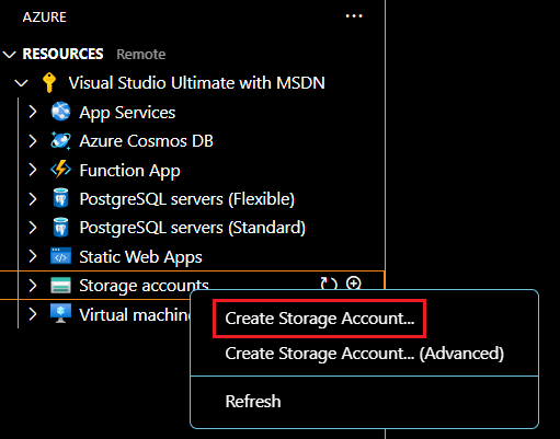 [ストレージ アカウント] を選択 > Azure 拡張機能でストレージ アカウントを作成します。