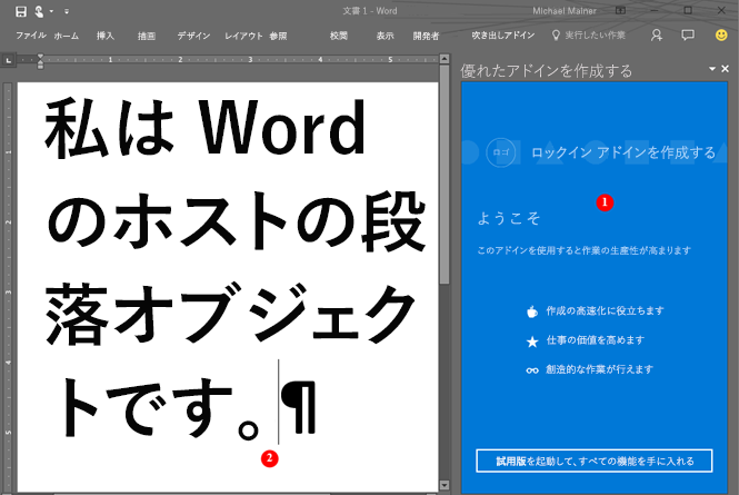 Word の作業ウィンドウで実行されているアドイン。