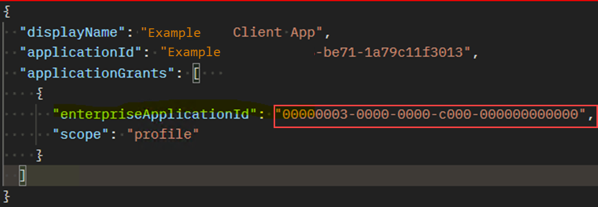 enterpriseApplicationId が GUID を使用する正しい要求のスクリーンショット。