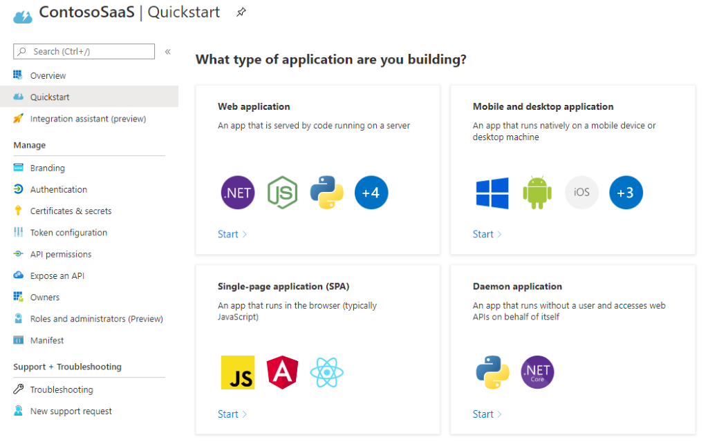 Azure portal の [クイック スタート] ブレードの表示。