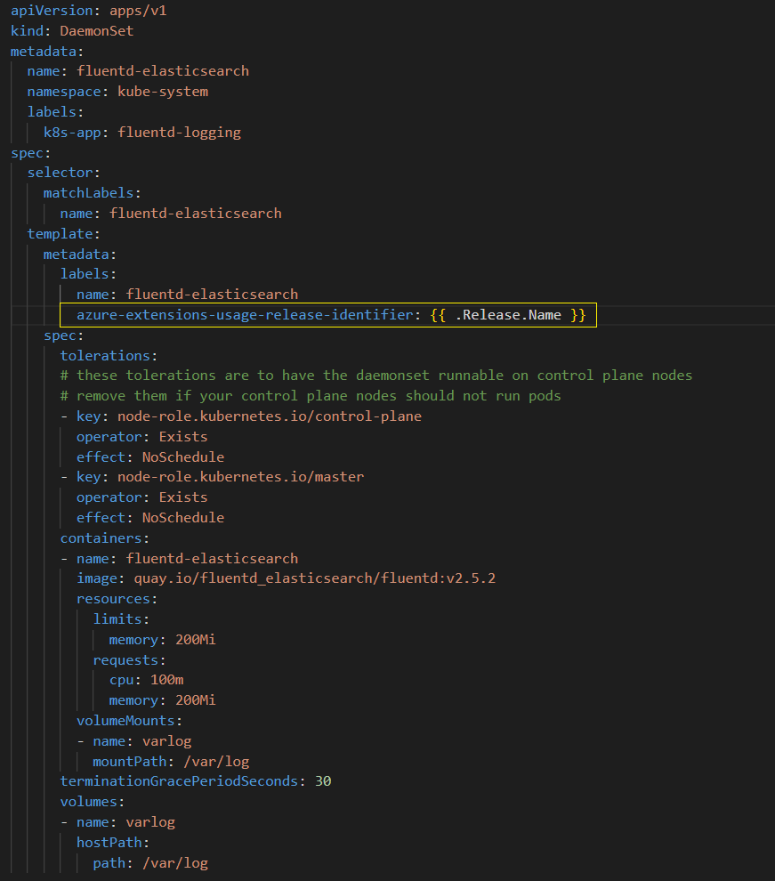 daemonsets.yaml ファイル内の CPU リソース要求のスクリーンショット。内容は、この記事でリンクされているサンプル daemonsets.yaml ファイルに似ています。