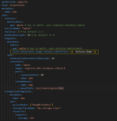 statefulsets.yaml ファイル内の適切に書式設定された課金識別子ラベルのスクリーンショット。内容は、この記事でリンクされているサンプルの statefulsets.yaml ファイルに似ています。