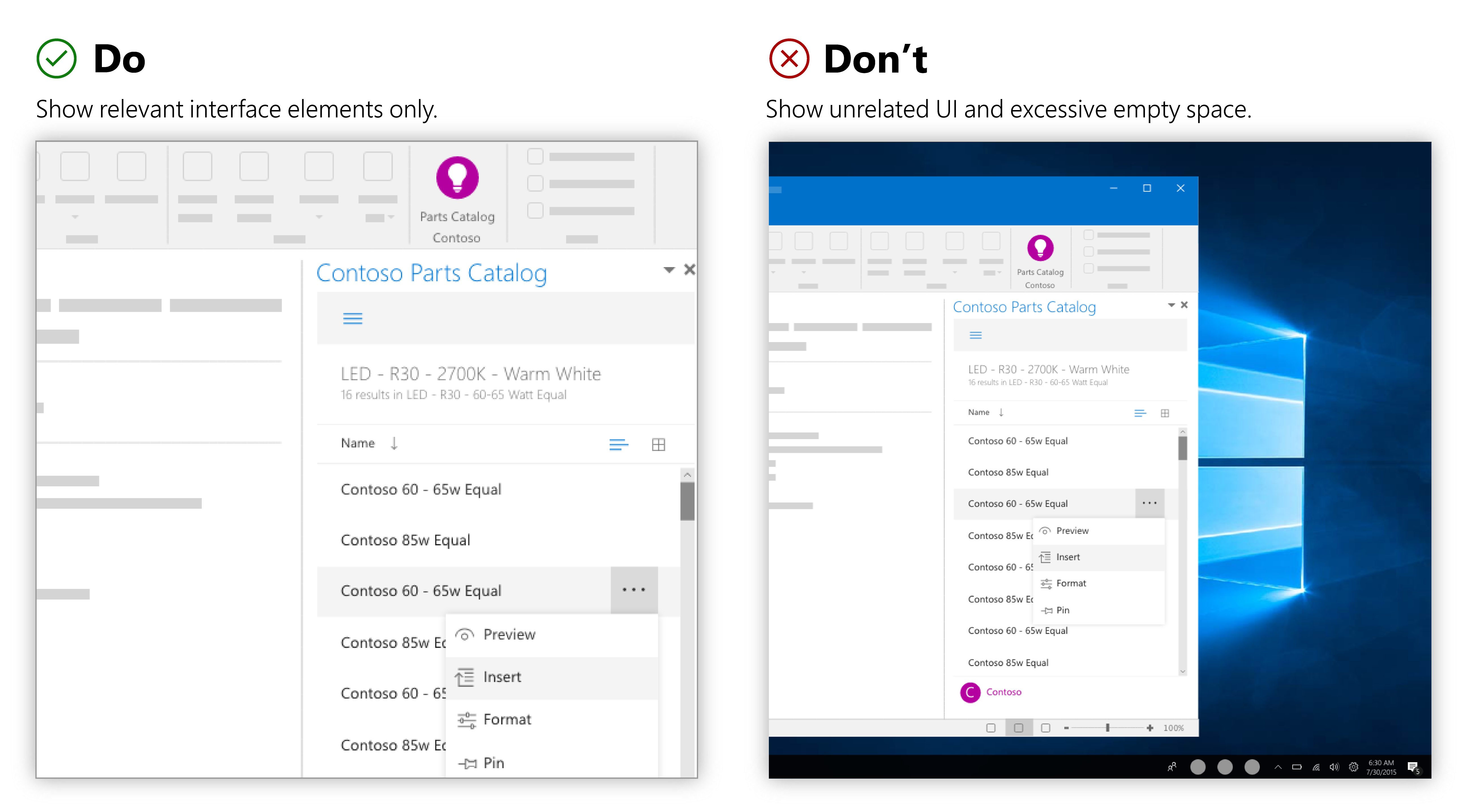 関連のない UI を持つ画像の横に関連する UI を持つ画像。