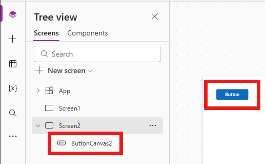 キャンバスに新しいボタンが表示され、画面 2のリストにボタン コントロール名が表示されているスクリーンショット。