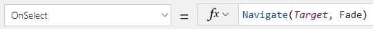 OnSelectプロパティがNavigate関数に設定されていることを示すスクリーンショット。