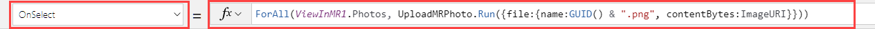 撮影した写真をすべてアップロードする Power Apps Studio 数式バーにある ボタン コントロールの OnSelect プロパティのスクリーンショット。