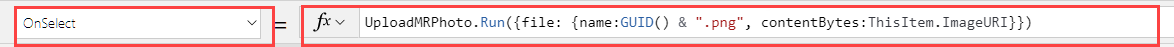 ボタンがギャラリーにあるときに Power Apps Studio 数式バーにある ボタン コントロールの OnSelect プロパティのスクリーンショット。