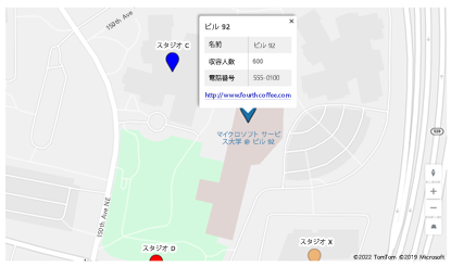 キャンバス アプリで、場所の名前、占有率、電話データを示す情報カードが選択されたマップ ピンのスクリーンショット。