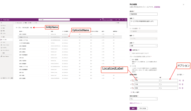 OptionsetMetadata および GlobalOptionsetMetadata テーブル スキーマ。