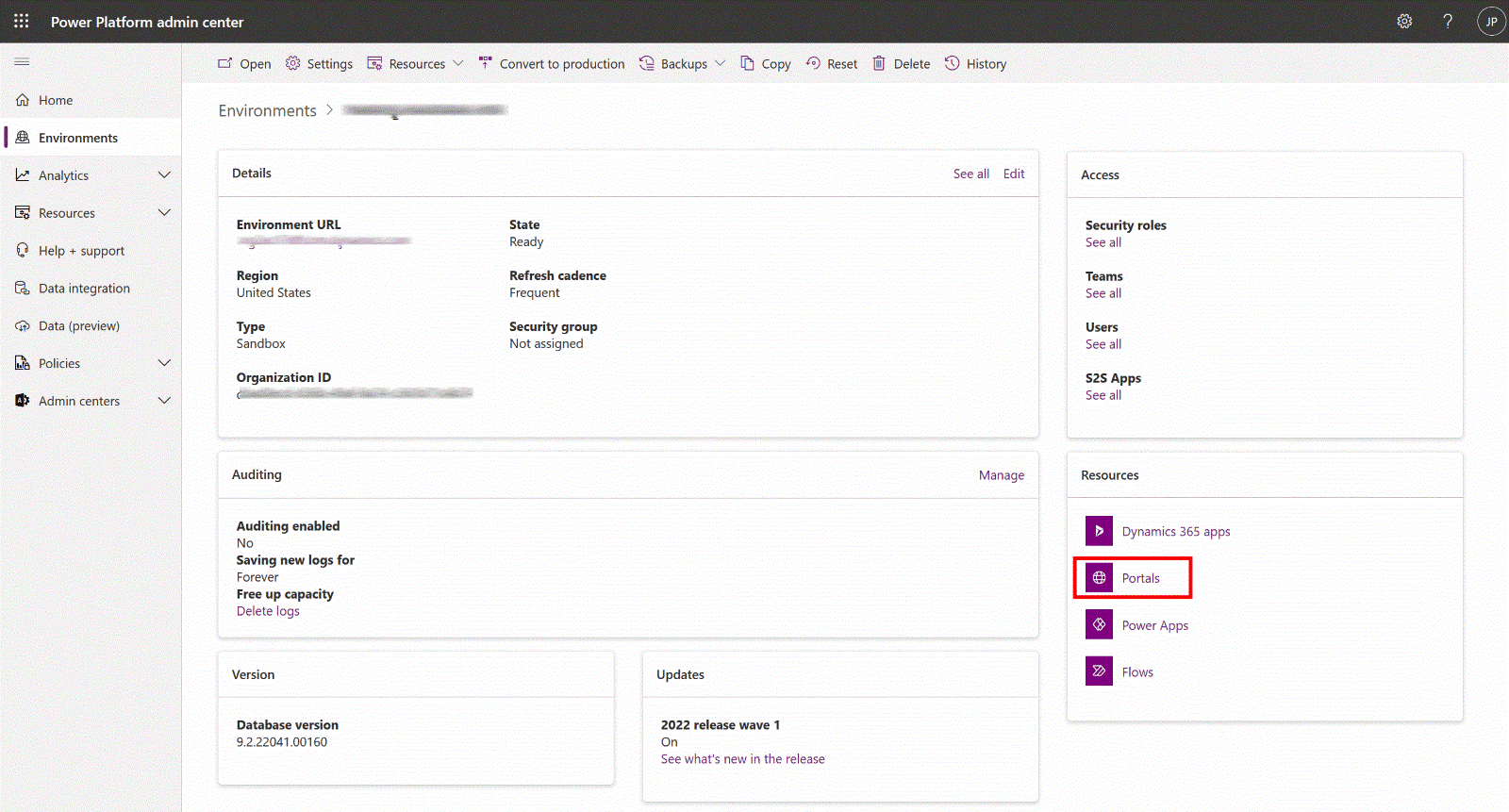 リソース カードのポータル オプション。