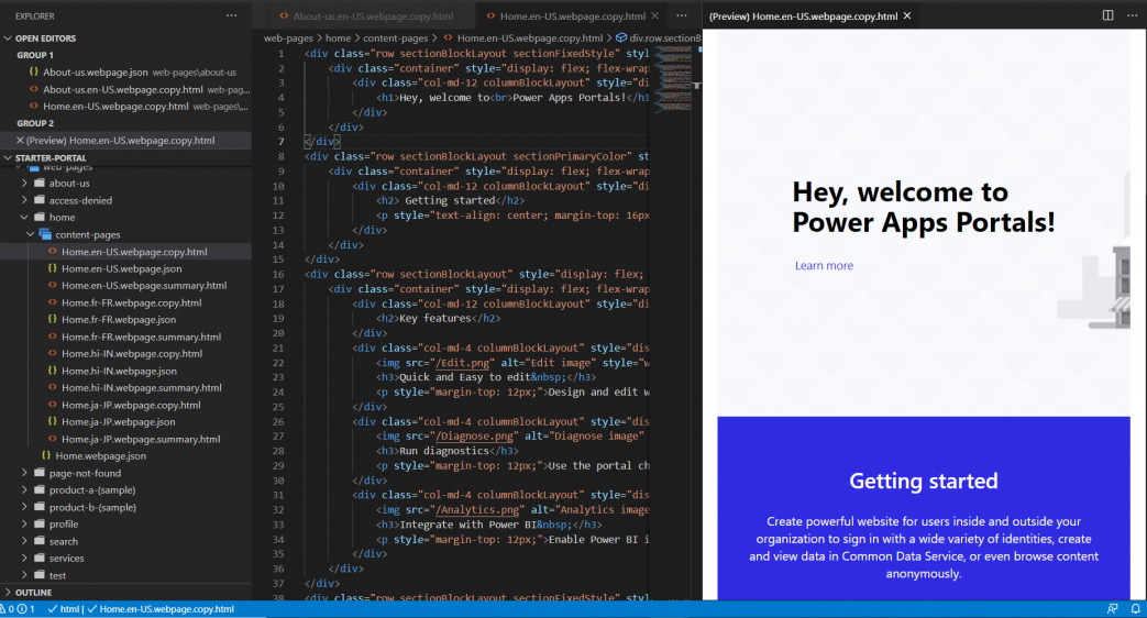 ファイル一覧の画面、VS Code エディターでファイルを開く画面、右側にプレビューを表示する画面。