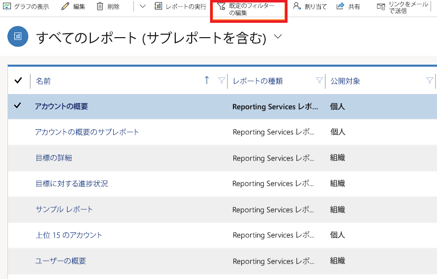 既定のレポートのフィルターを編集する。