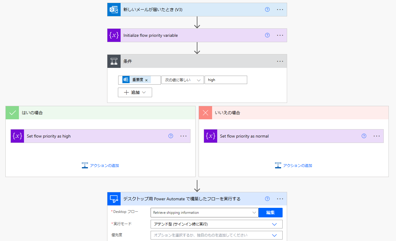 [Power Automate Desktop で構築したフローを実行する] アクションを使ったクラウド フローのスクリーンショット。