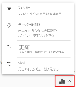 Power BI アドイン for PowerPoint [データ オプション] メニューのスクリーンショット。