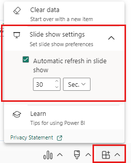 Power BI アドイン オプションの [スライド ショーの設定] オプションを示すスクリーンショット。