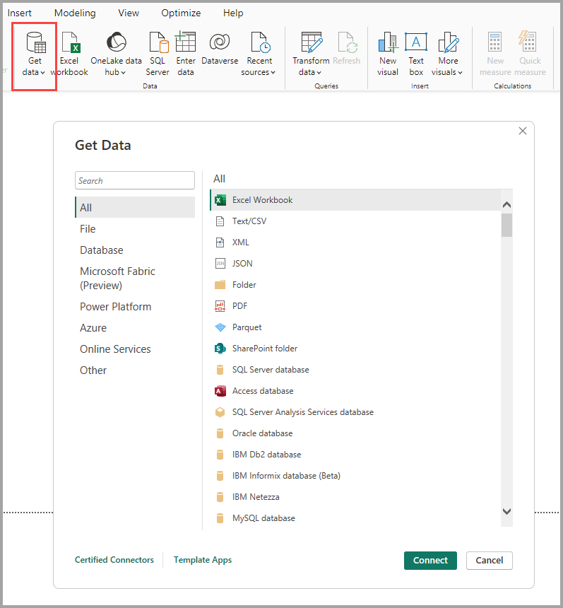 Power BI Desktop の [データの取得] アイコンと [データの取得] ダイアログ ボックスを示すスクリーンショット。