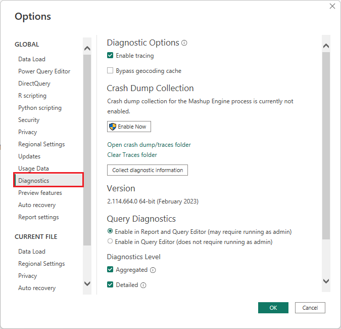 Screenshot of the Diagnostics section of the Power BI Desktop Options screen with the link to open the crash dump/traces folder.