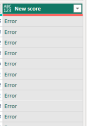 Power Query エディターの New score 列に [エラー] 値が含まれるスクリーンショット。