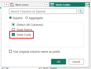 Power Query エディターの列の [展開] ダイアログの State Code 列が強調表示されているスクリーンショット。