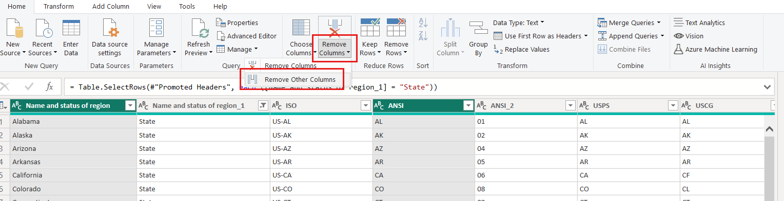 Power Query エディターの [列の削除] ドロップダウンと [他の列の削除] 項目が強調表示されているスクリーンショット。