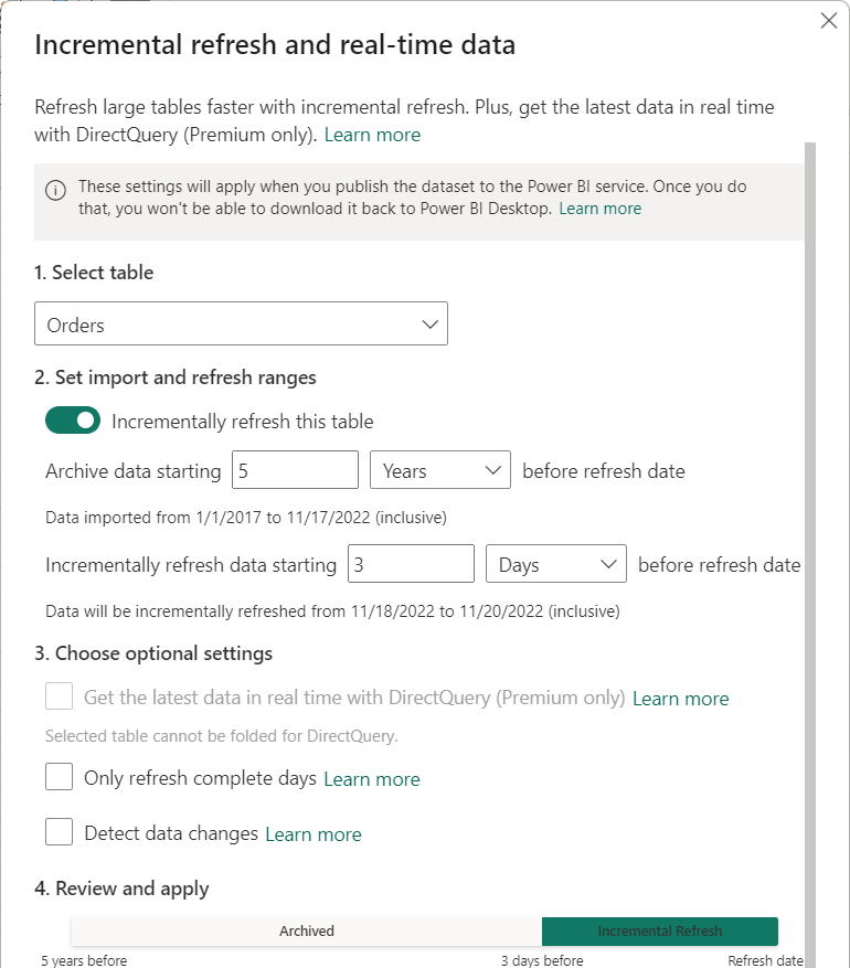 [増分更新とリアルタイム データ] ダイアログのスクリーンショット。オンになった [Incrementally refresh this table] (このテーブルを増分更新する) オプションが表示されています。