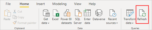 Power BI Desktop の [ホーム] リボンのスクリーンショット。ここから更新できます。