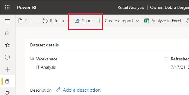 Screenshot of semantic model share icon on the semantic model info page.