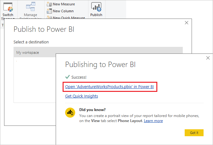 [Power BI へ発行] 画面のスクリーンショット。