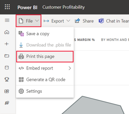 Power BI サービスの [ファイル] メニューが開き、[このページを印刷します] を選択したスクリーンショット。