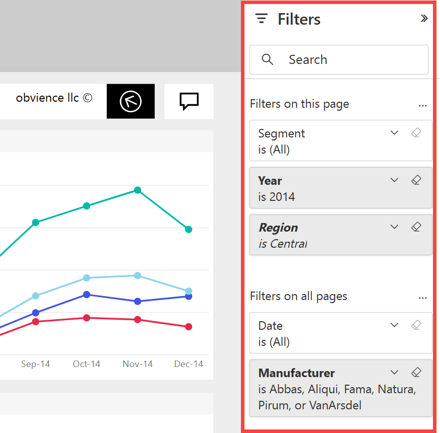 フィルターが展開された Power BI サービスを示すスクリーンショット。