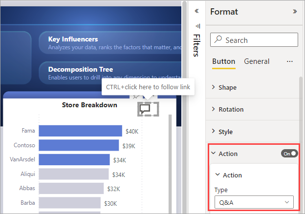 Screenshot showing a Q&A button in Power BI.