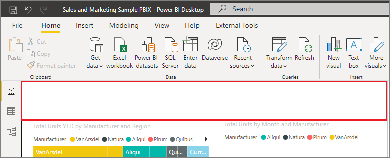 壁紙領域が強調されている Power BI Desktop のスクリーンショット。