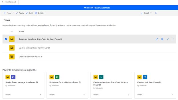 Power BI での SharePoint リスト用のフローの作成の様子を示すスクリーンショット。