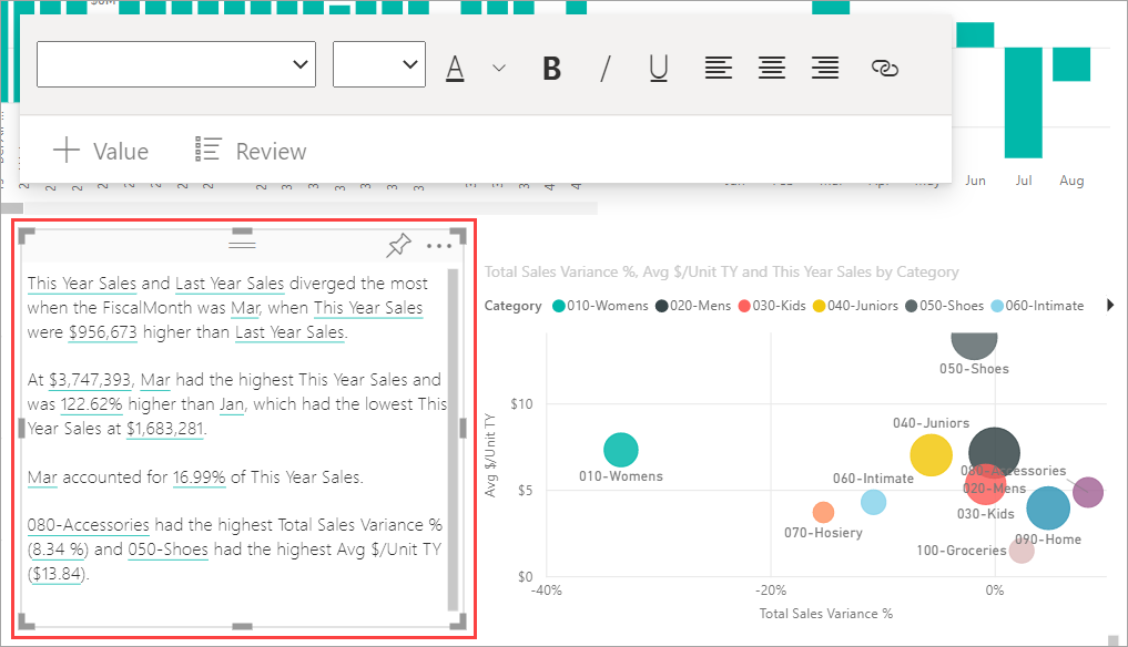 Screenshot of Power BI service, highlighting the Smart narrative text box.